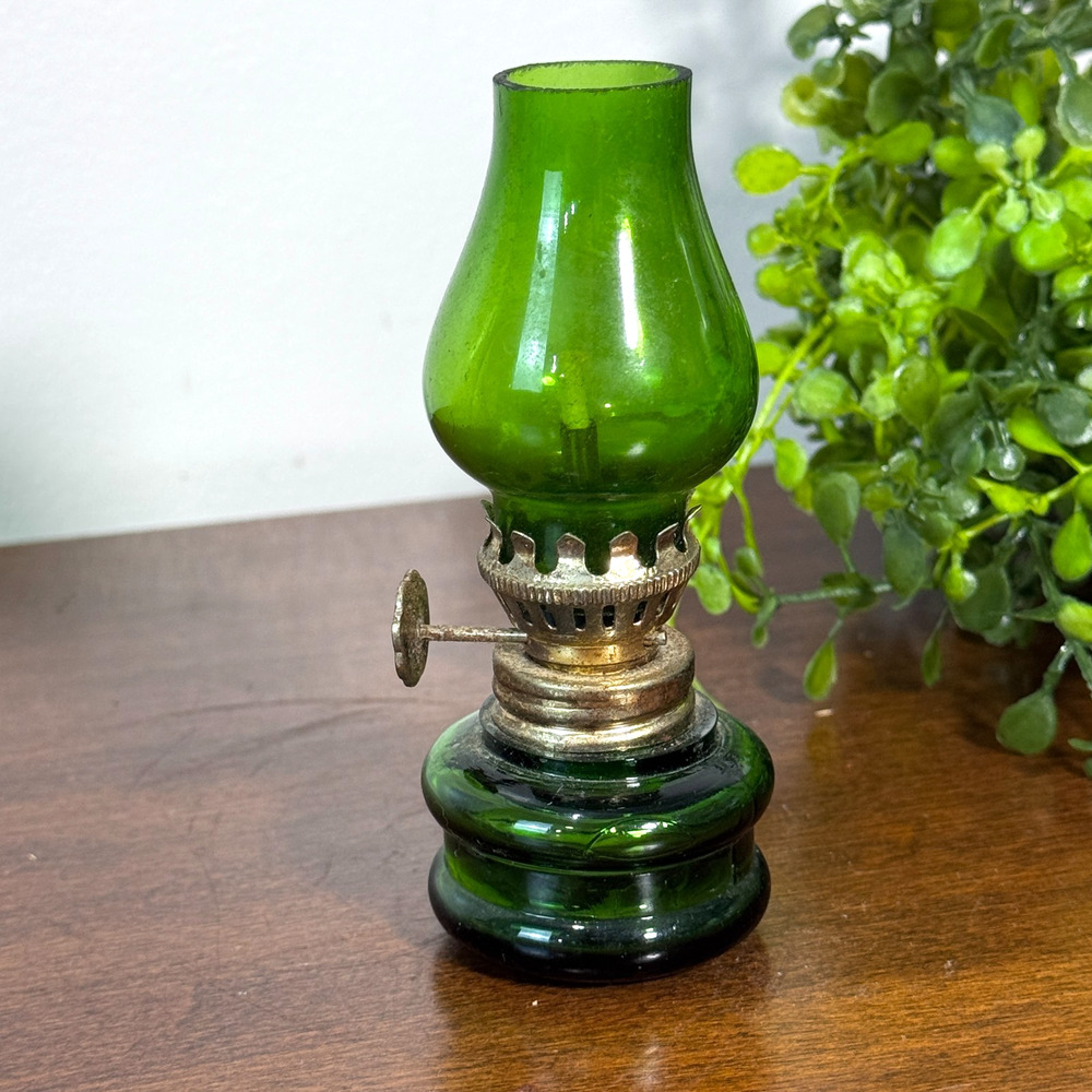 Vintage Mini Green Glass Oil/Kerosene Hurricane Lamp